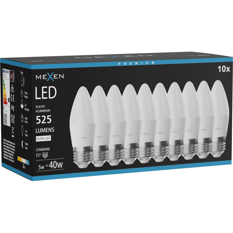 Mexen Nova 10x Ampoule LED E27, C37, 5W, Neutre - 4000K, 525 lm - L102-E27-0540-01x10