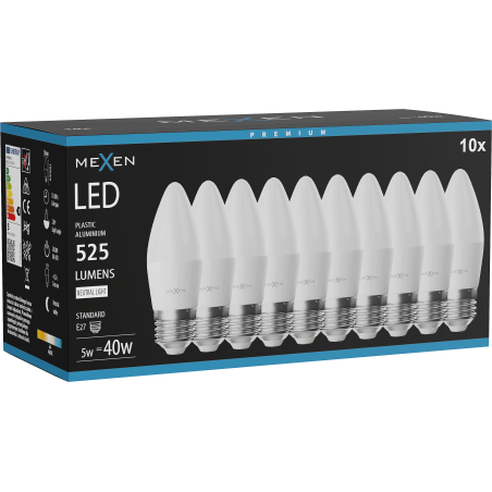 Mexen Nova 10x Ampoule LED E27, C37, 5W, Neutre - 4000K, 525 lm - L102-E27-0540-01x10