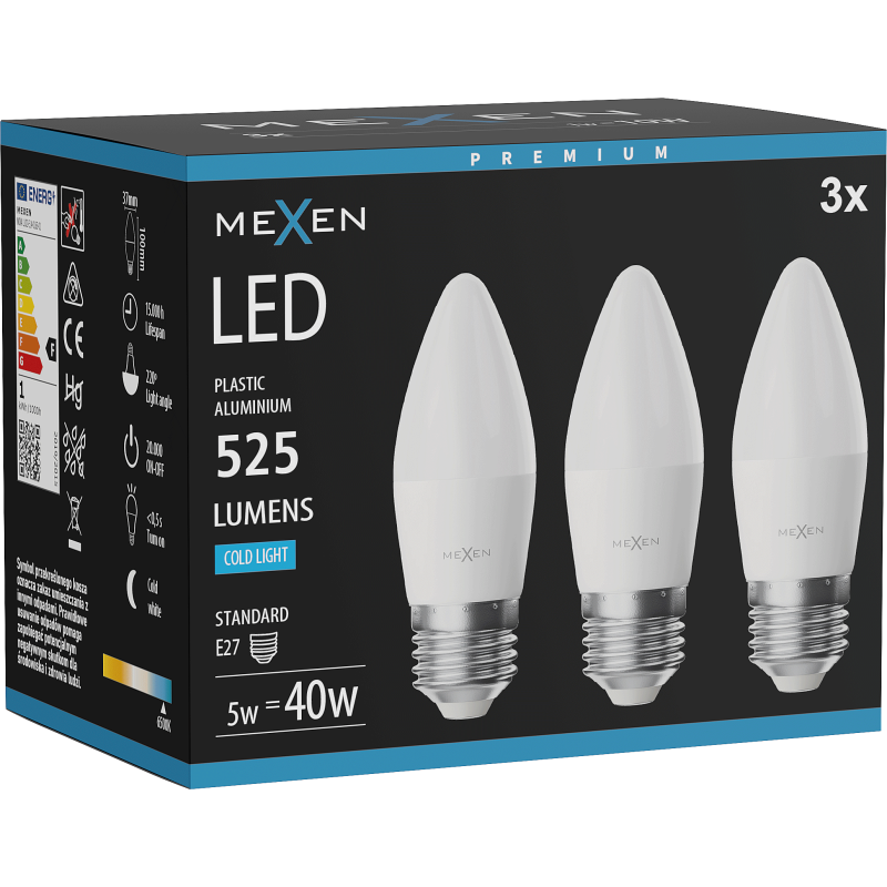 Mexen Nova 3x Ampoule LED E27, C37, 5W, Froid - 6500K, 525 lm - L102-E27-0565-01x03
