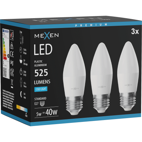 Mexen Nova 3x Ampoule LED E27, C37, 5W, Froid - 6500K, 525 lm - L102-E27-0565-01x03