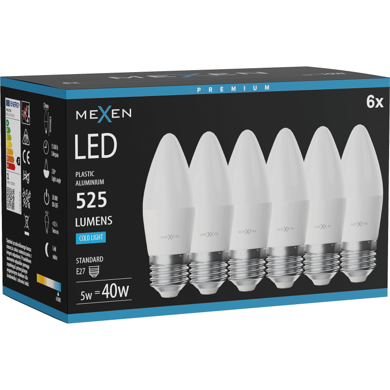 Mexen Nova 6x Ampoule LED E27, C37, 5W, Froid - 6500K, 525 lm - L102-E27-0565-01x06