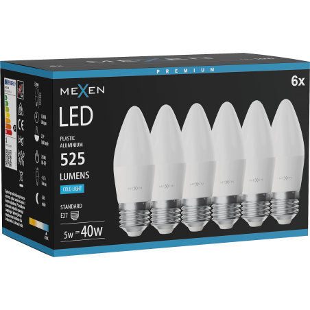 Mexen Nova 6x Ampoule LED E27, C37, 5W, Froid - 6500K, 525 lm - L102-E27-0565-01x06