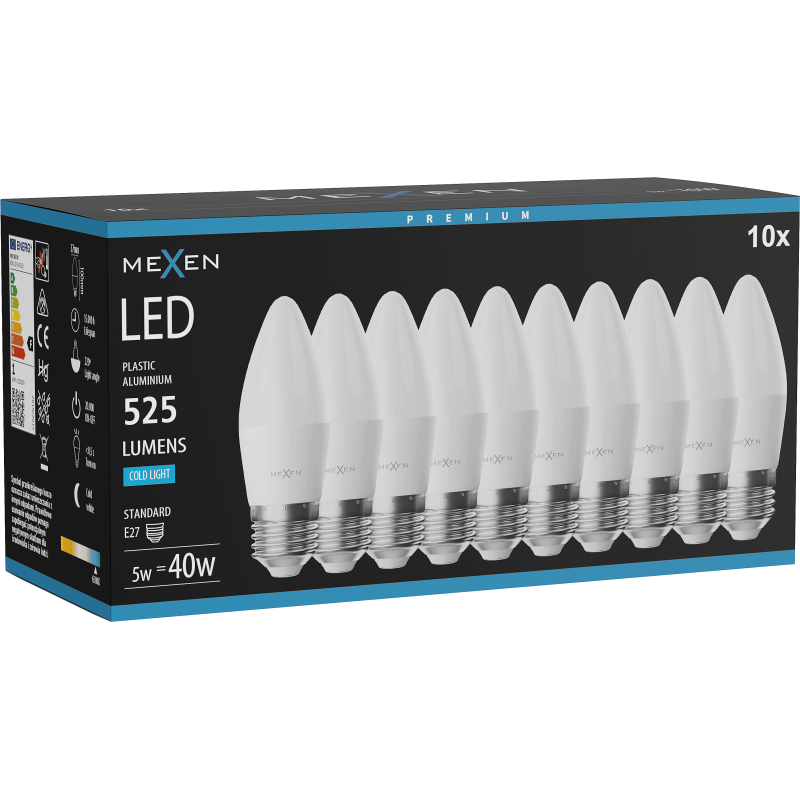 Mexen Nova 10x Ampoule LED E27, C37, 5W, Froid - 6500K, 525 lm - L102-E27-0565-01x10