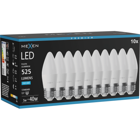 Mexen Nova 10x Ampoule LED E27, C37, 5W, Froid - 6500K, 525 lm - L102-E27-0565-01x10