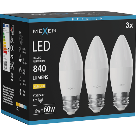 Mexen Nova 3x Ampoule LED E27, C37, 8W, Chaude - 3000K, 840 lm - L102-E27-0830-01x03