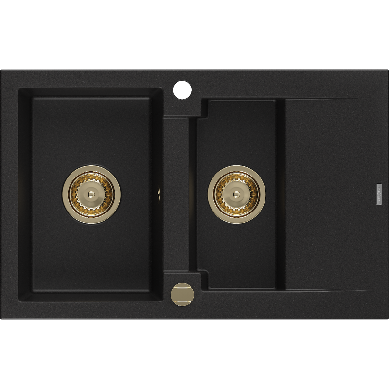Mexen Gaspar évier en granit à 1,5 cuvette avec égouttoir 737 x 475 mm, Noir, siphon Or - 6507731505-77-G