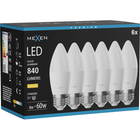 Mexen Nova 6x Ampoule LED E27, C37, 8W, Chaude - 3000K, 840 lm - L102-E27-0830-01x06