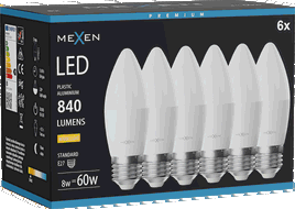 Mexen Nova 6x Ampoule LED E27, C37, 8W, Chaude - 3000K, 840 lm - L102-E27-0830-01x06