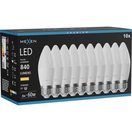 Mexen Nova 10x Ampoule LED E27, C37, 8W, Chaude - 3000K, 840 lm - L102-E27-0830-01x10