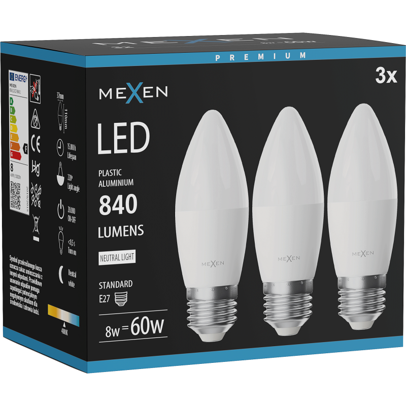 Mexen Nova 3x Ampoule LED E27, C37, 8W, Neutre - 4000K, 840 lm - L102-E27-0840-01x03