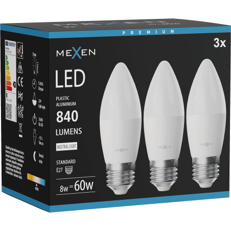 Mexen Nova 3x Ampoule LED E27, C37, 8W, Neutre - 4000K, 840 lm - L102-E27-0840-01x03