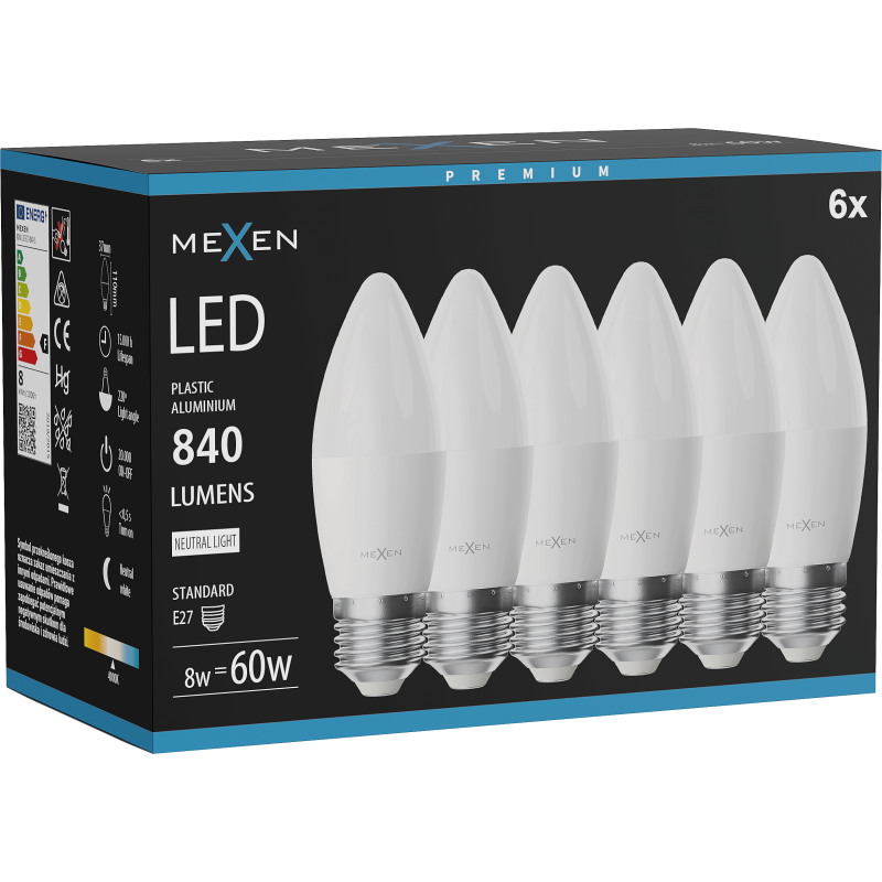 Mexen Nova 6x Ampoule LED E27, C37, 8W, Neutre - 4000K, 840 lm - L102-E27-0840-01x06