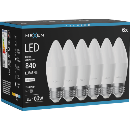 Mexen Nova 6x Ampoule LED E27, C37, 8W, Neutre - 4000K, 840 lm - L102-E27-0840-01x06