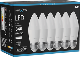 Mexen Nova 6x Ampoule LED E27, C37, 8W, Neutre - 4000K, 840 lm - L102-E27-0840-01x06