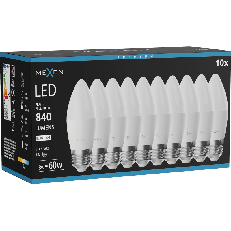 Mexen Nova 10x Ampoule LED E27, C37, 8W, Neutre - 4000K, 840 lm - L102-E27-0840-01x10
