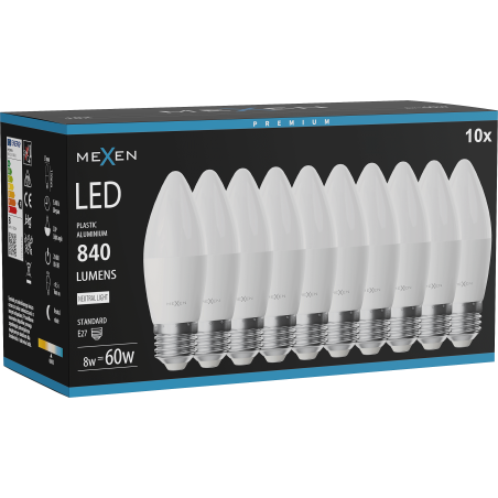 Mexen Nova 10x Ampoule LED E27, C37, 8W, Neutre - 4000K, 840 lm - L102-E27-0840-01x10