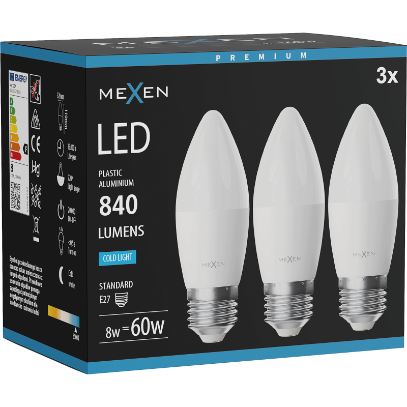 Mexen Nova 3x Ampoule LED E27, C37, 8W, Froid - 6500K, 840 lm - L102-E27-0865-01x03