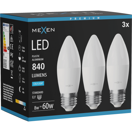 Mexen Nova 3x Ampoule LED E27, C37, 8W, Froid - 6500K, 840 lm - L102-E27-0865-01x03
