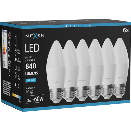 Mexen Nova 6x Ampoule LED E27, C37, 8W, Froid - 6500K, 840 lm - L102-E27-0865-01x06