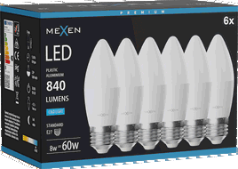 Mexen Nova 6x Ampoule LED E27, C37, 8W, Froid - 6500K, 840 lm - L102-E27-0865-01x06