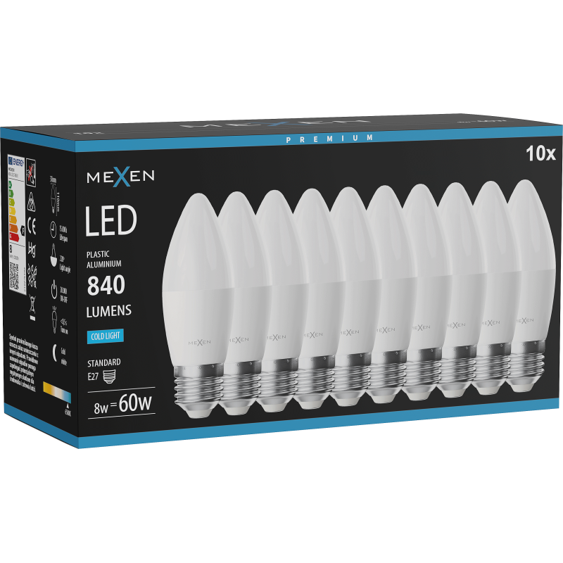 Mexen Nova 10x Ampoule LED E27, C37, 8W, Froide - 6500K, 840 lm - L102-E27-0865-01x10