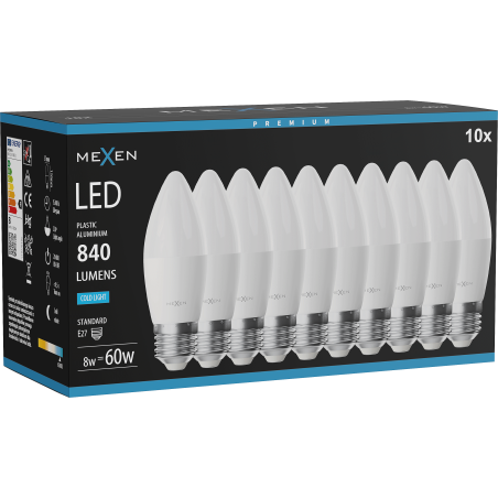 Mexen Nova 10x Ampoule LED E27, C37, 8W, Froide - 6500K, 840 lm - L102-E27-0865-01x10