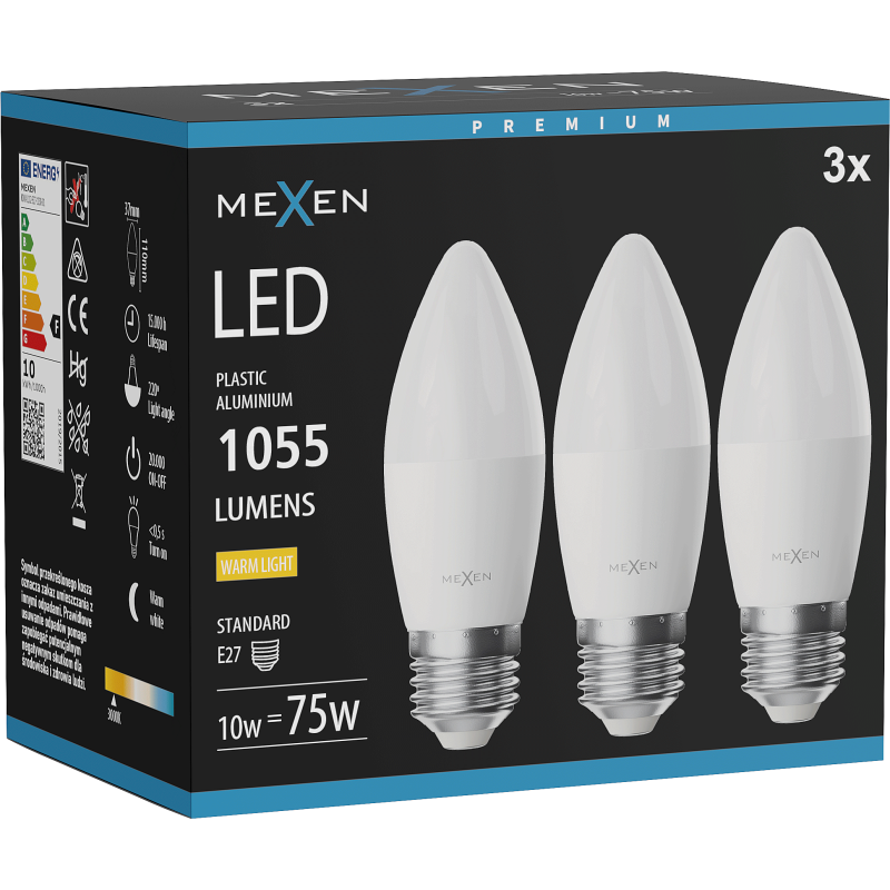 Mexen Nova 3x Ampoule LED E27, C37, 10W, Chaude - 3000K, 1055 lm - L102-E27-1030-01x03