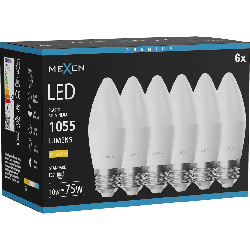 Mexen Nova 6x Ampoule LED E27, C37, 10W, Chaude - 3000K, 1055 lm - L102-E27-1030-01x06