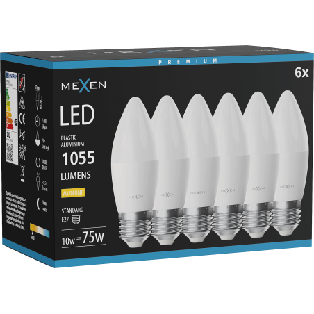 Mexen Nova 6x Ampoule LED E27, C37, 10W, Chaude - 3000K, 1055 lm - L102-E27-1030-01x06
