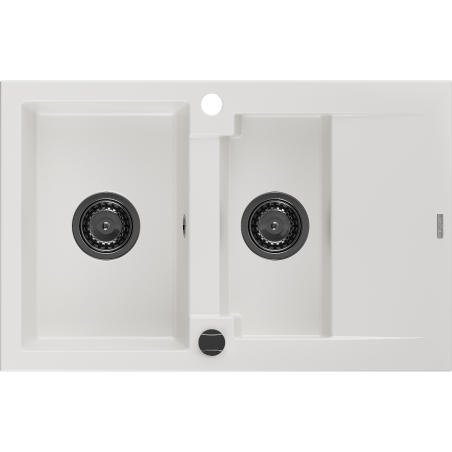 Mexen Gaspar évier en granit 1,5 bac avec égouttoir 737 x 475 mm, blanc, siphon noir - 6507731505-20-B