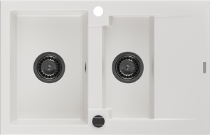 Mexen Gaspar évier en granit 1,5 bac avec égouttoir 737 x 475 mm, blanc, siphon noir - 6507731505-20-B