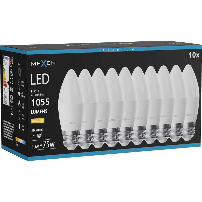 Mexen Nova 10x Ampoule LED E27, C37, 10W, Chaude - 3000K, 1055 lm - L102-E27-1030-01x10
