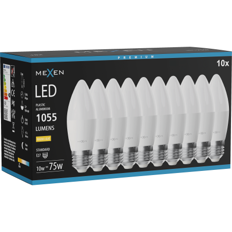 Mexen Nova 10x Ampoule LED E27, C37, 10W, Chaude - 3000K, 1055 lm - L102-E27-1030-01x10
