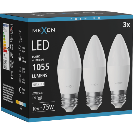 Mexen Nova 3x Ampoule LED E27, C37, 10W, Neutre - 4000K, 1055 lm - L102-E27-1040-01x03