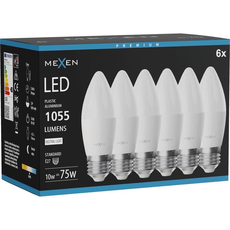 Mexen Nova 6x Ampoule LED E27, C37, 10W, Neutre - 4000K, 1055 lm - L102-E27-1040-01x06