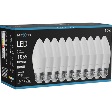 Mexen Nova 10x Ampoule LED E27, C37, 10W, Neutre - 4000K, 1055 lm - L102-E27-1040-01x10