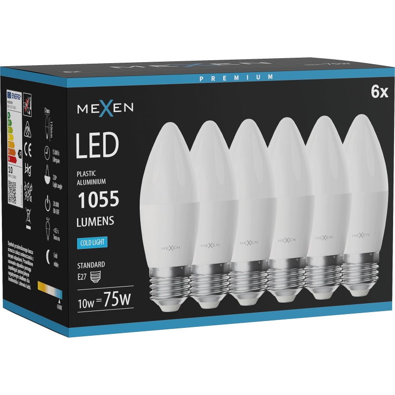 Mexen Nova 6x Ampoule LED E27, C37, 10W, Froid - 6500K, 1055 lm - L102-E27-1065-01x06