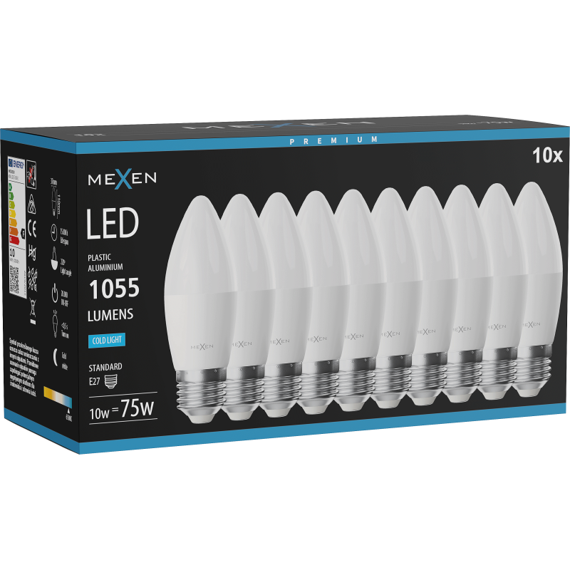 Mexen Nova 10x Ampoule LED E27, C37, 10W, Froid - 6500K, 1055 lm - L102-E27-1065-01x10