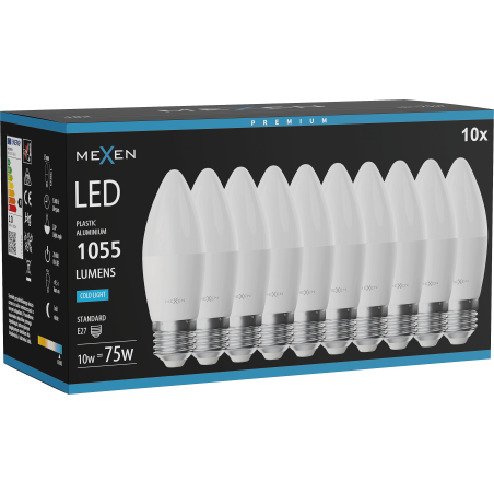 Mexen Nova 10x Ampoule LED E27, C37, 10W, Froid - 6500K, 1055 lm - L102-E27-1065-01x10