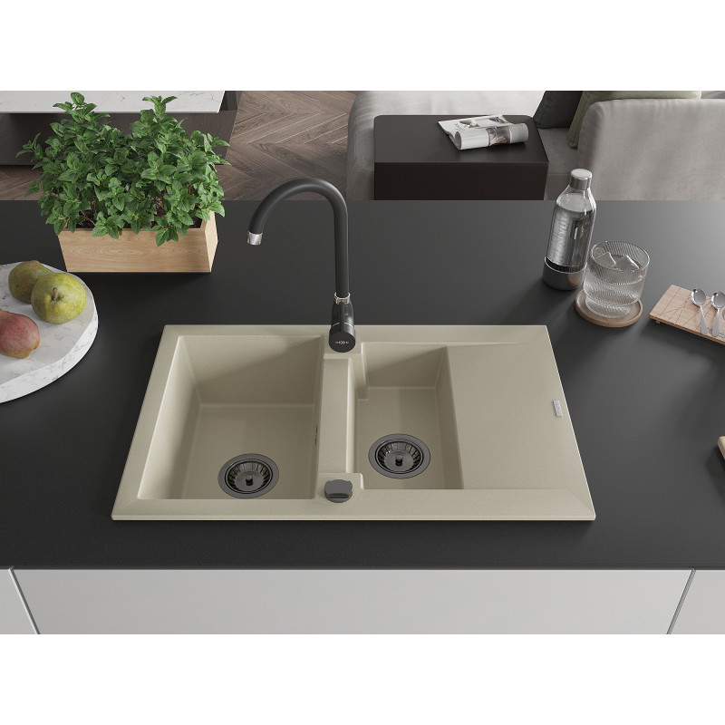 Mexen Gaspar évier en granit 1,5 bac avec égouttoir 737 x 475 mm, beige, siphon noir - 6507731505-69-B