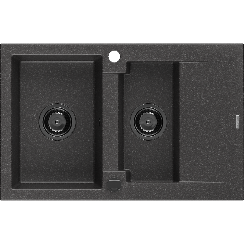 Mexen Gaspar évier en granit 1,5 bac avec égouttoir 737 x 475 mm, noir moucheté, siphon noir - 6507731505-76-B
