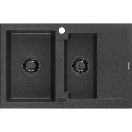 Mexen Gaspar évier en granit 1,5 bac avec égouttoir 737 x 475 mm, noir moucheté, siphon noir - 6507731505-76-B