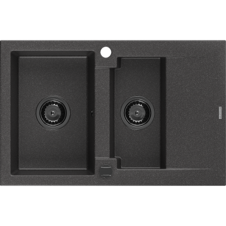 Mexen Gaspar évier en granit à 1,5 cuvette avec égouttoir 737 x 475 mm, Noir moucheté, siphon Noir - 6507731505-76-B