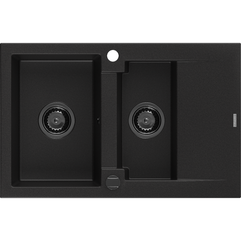 Mexen Gaspar évier en granit à 1,5 cuvette avec égouttoir 737 x 475 mm, Noir, siphon Noir - 6507731505-77-B