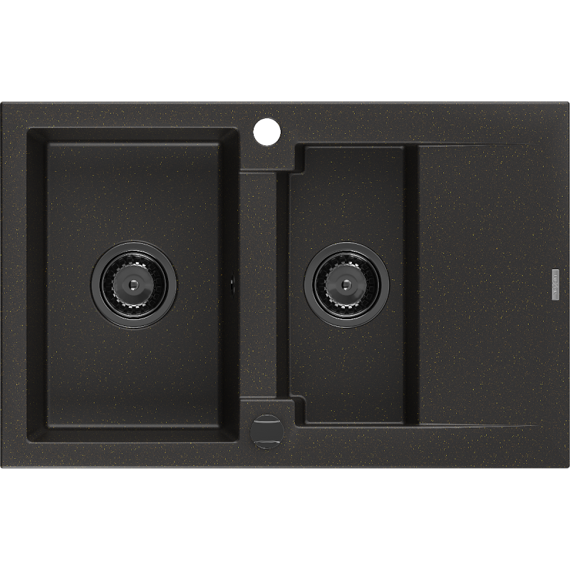 Mexen Gaspar évier en granit 1,5 bac avec égouttoir 737 x 475 mm, noir/doré métallisé, siphon noir - 6507731505-75-B