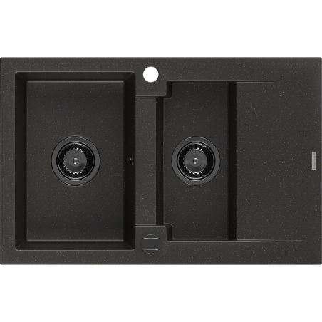 Mexen Gaspar évier en granit 1,5 bac avec égouttoir 737 x 475 mm, noir/doré métallisé, siphon noir - 6507731505-75-B