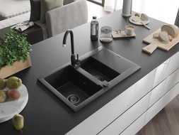 Mexen Gaspar évier en granit à 1,5 cuvette avec égouttoir 737 x 475 mm, Noir/Or métallique, siphon Noir - 6507731505-75-B