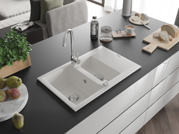 Mexen Gaspar évier en granit 1,5 bac avec égouttoir 737 x 475 mm, blanc, siphon chromé - 6507731505-20
