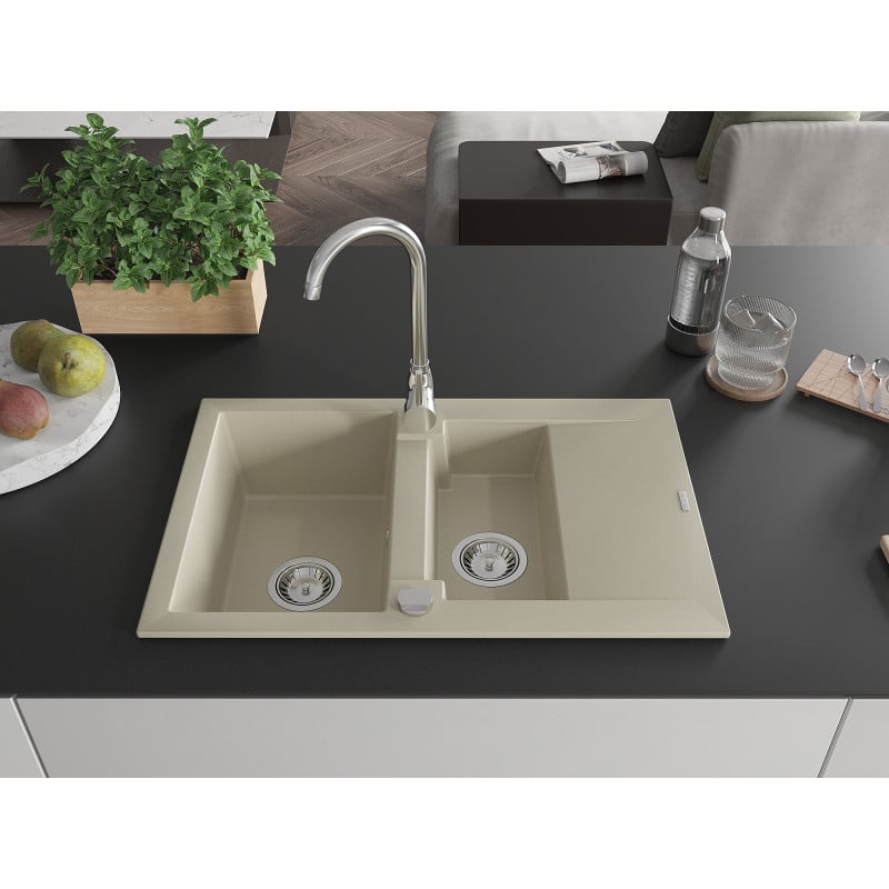 Mexen Gaspar évier en granit 1,5 bac avec égouttoir 737 x 475 mm, beige, siphon chromé - 6507731505-69