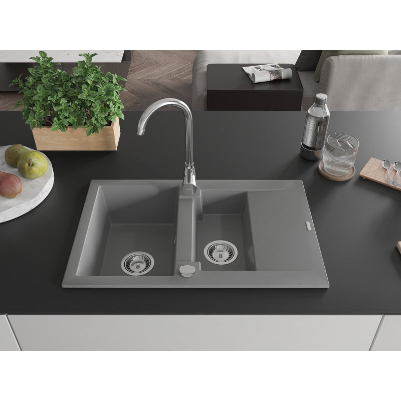 Mexen Gaspar évier en granit 1,5 bac avec égouttoir 737 x 475 mm, gris, siphon chromé - 6507731505-71